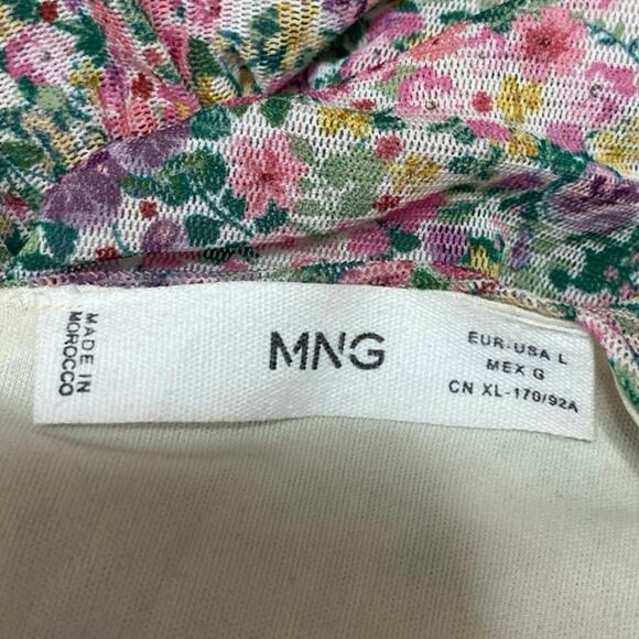 MNG Mango Multicolor Ruched Cinched Floral Short Puff Sleeve Crop Blouse Top L - Picture 3 of 4